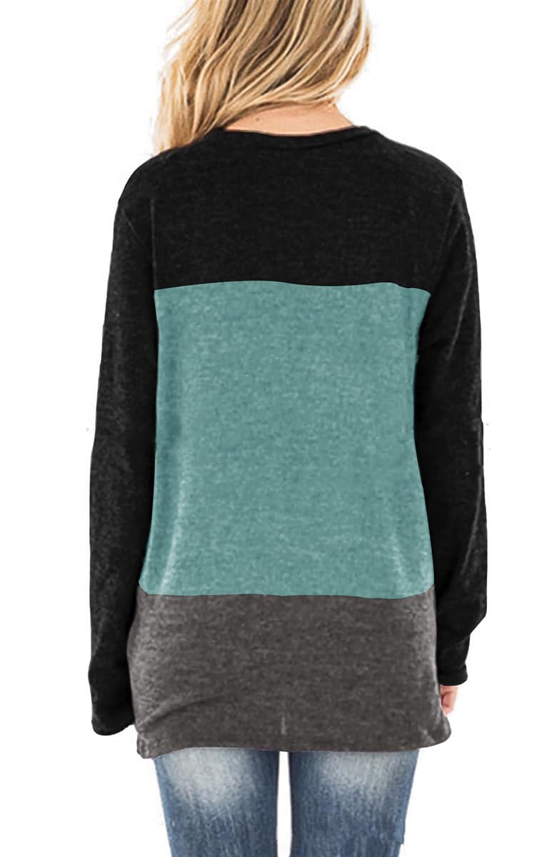 Jescakoo Womens Tops Long Sleeve V Neck T Shirts Color Block Casual Loose Fitting Green Grey L - Image 3